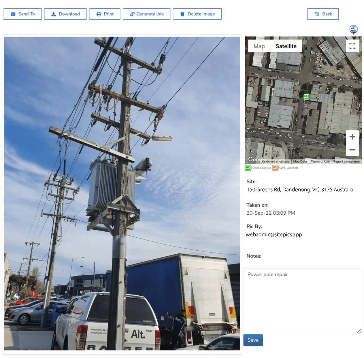 Sitepics web console showing site survey photos