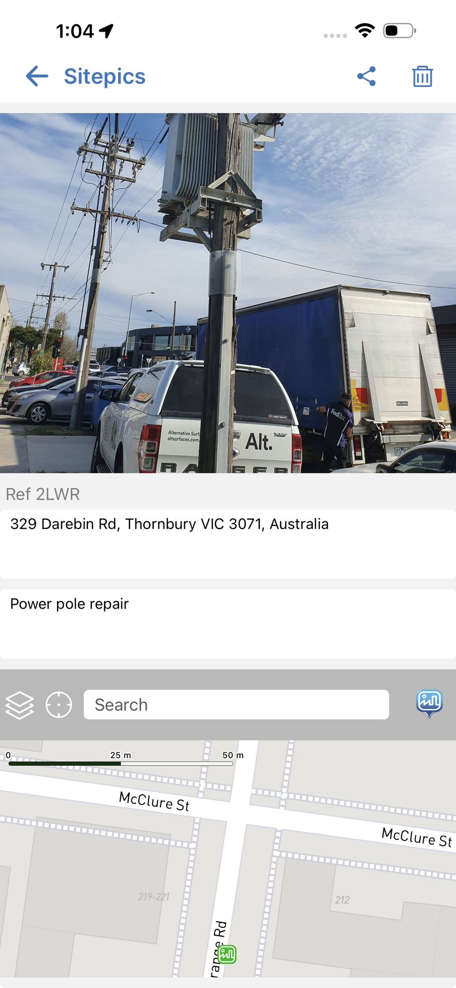 Sitepics app: pole photo at 329 Darebin Rd, Thornbury with the note Power pole repair
