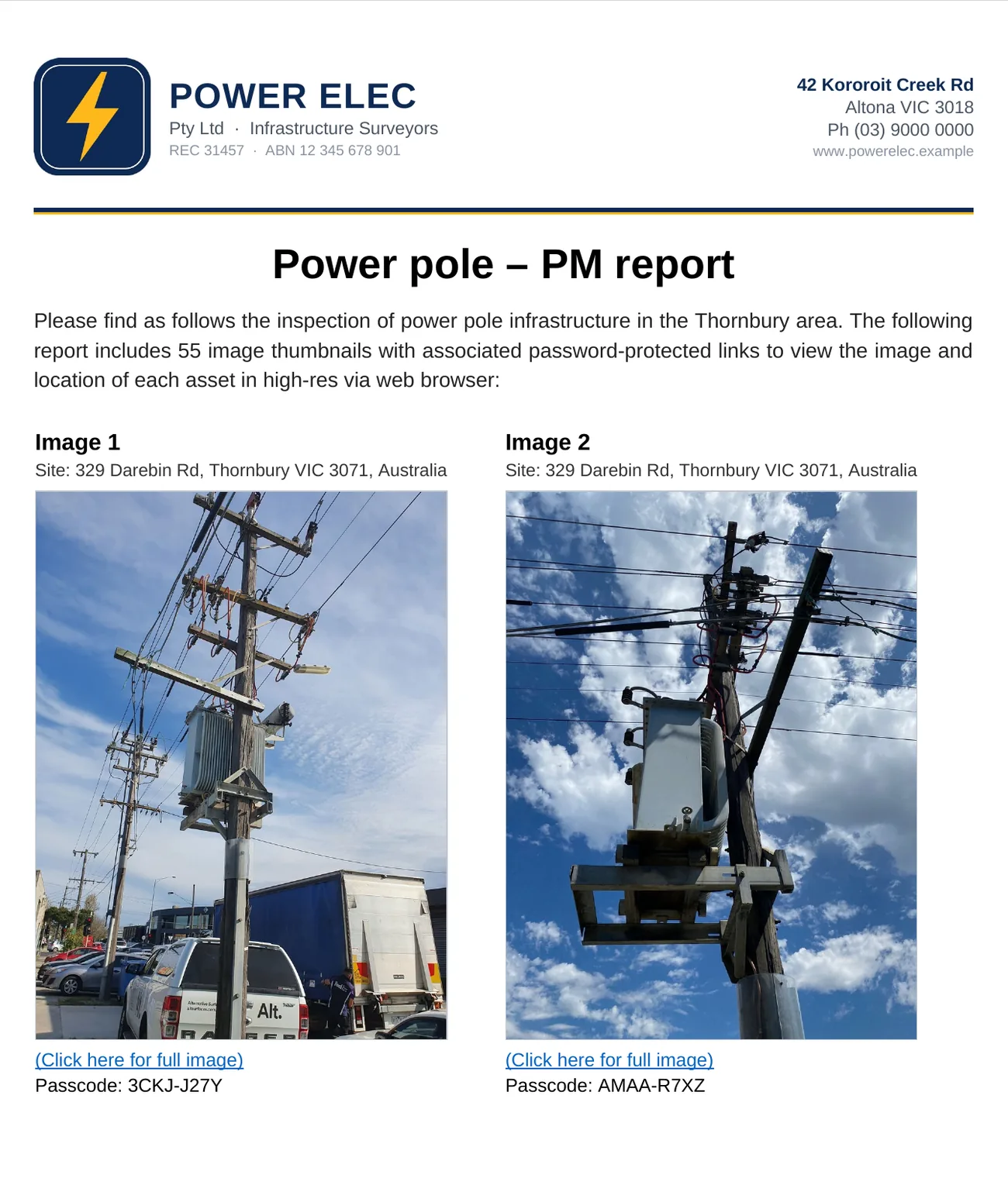Word report: Power Elec letterhead, Power pole – PM report, two pole photos with links and passcodes.