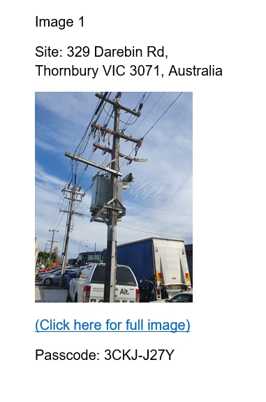 Word report entry: Image 1, site 329 Darebin Rd, a pole photo, a link to the full image, and passcode 3CKJ-J27Y.