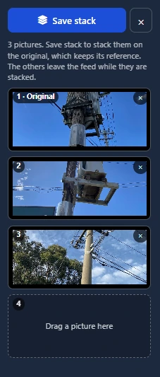 Save stack panel: pictures 1 (Original), 2 and 3, and an empty slot that says Drag a picture here.