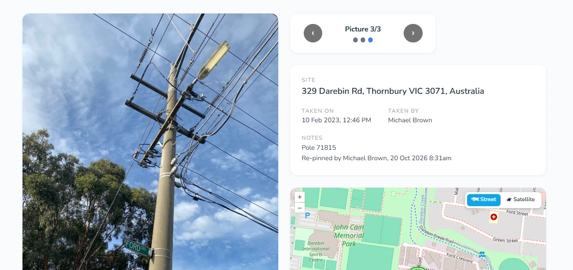 Shared stack, picture 3 of 3: a pole photo at 329 Darebin Rd with the note Pole 71815.