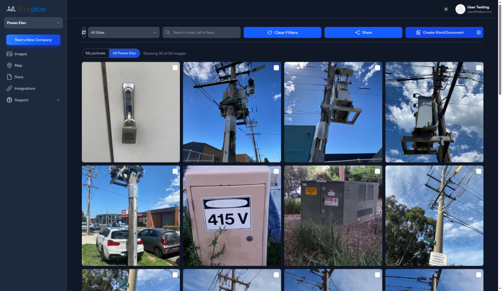 Sitepics web app: Power Elec company photo feed (dark mode)