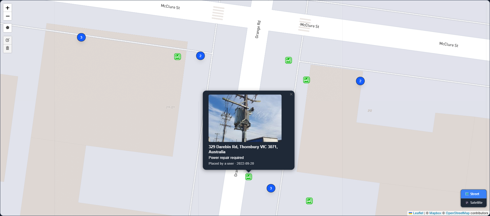 Sitepics map zoomed to 329 Darebin Rd, Thornbury, with the note Power repair required