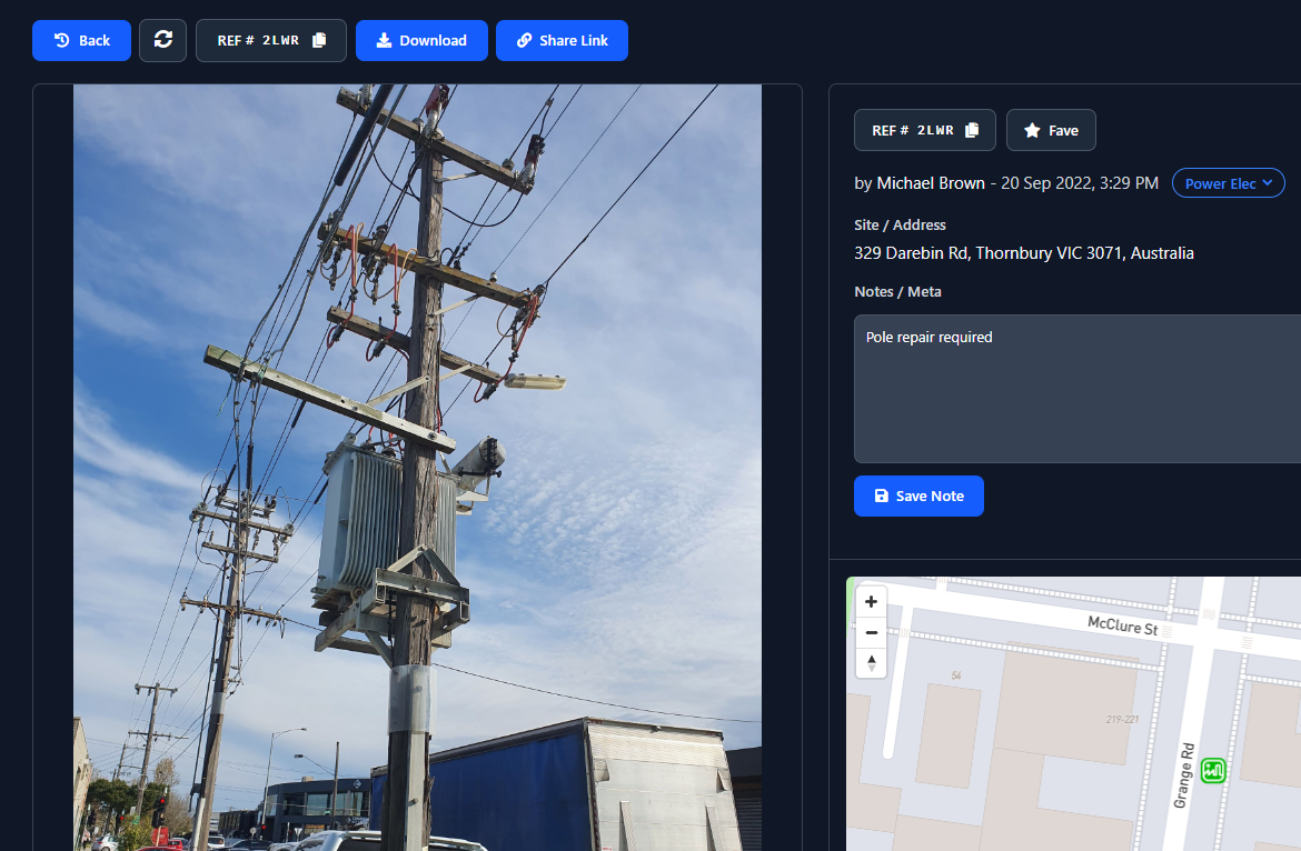 Sitepics picture of the power pole at 329 Darebin Rd, Thornbury, with the note Pole repair required