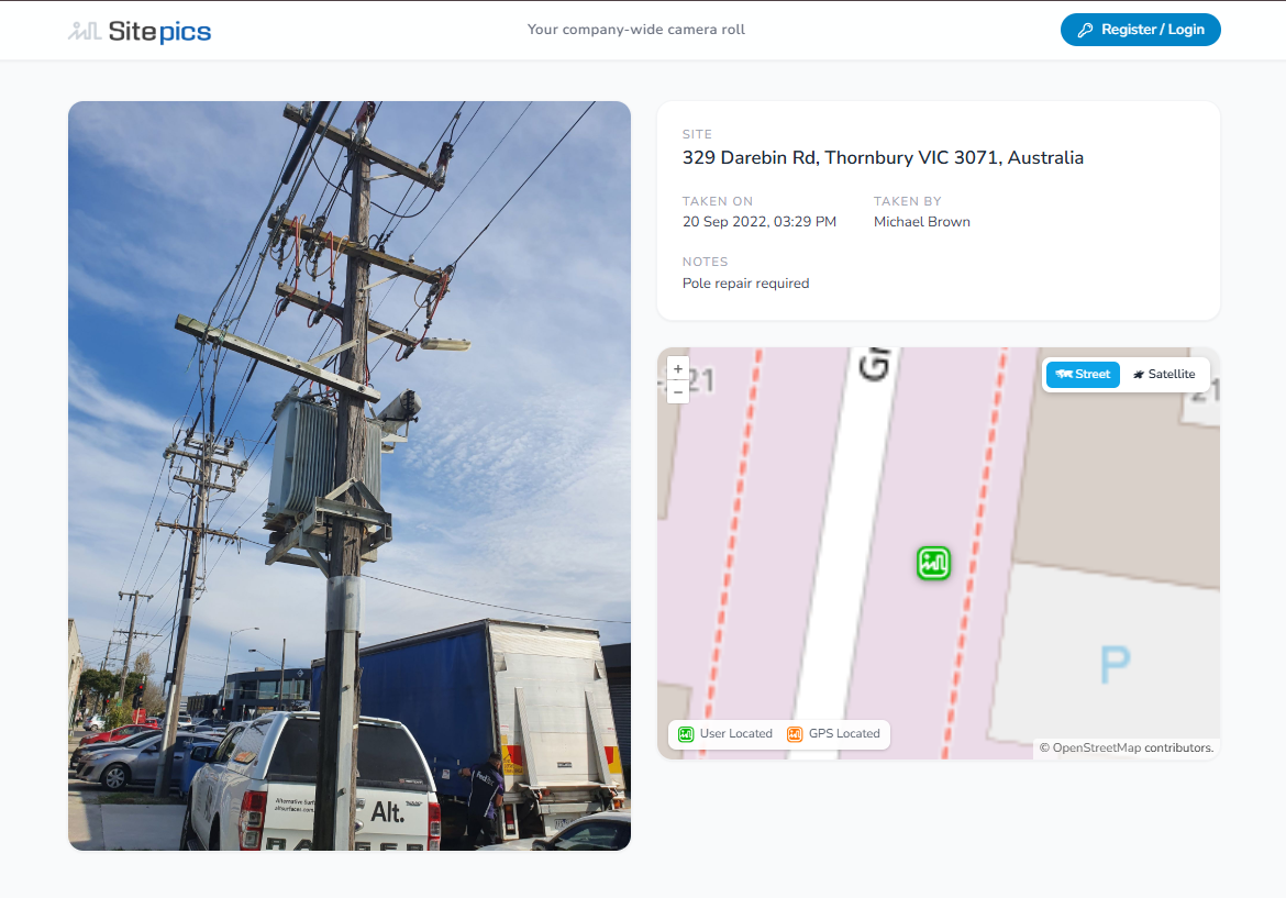 Opened share page: the pole photo at 329 Darebin Rd, Thornbury, taken 20 Sep 2022 by Michael Brown, note Pole repair required.