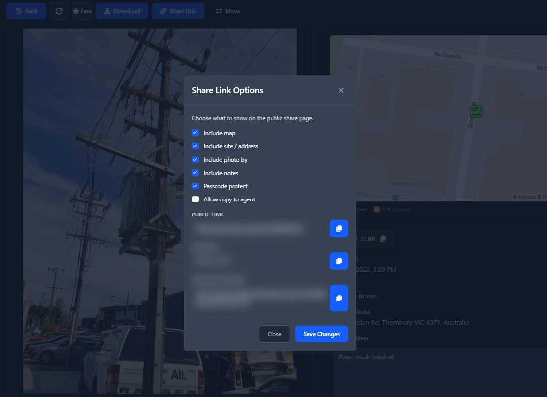 Share Link Options: set an expiry, add a passcode, and share the link.